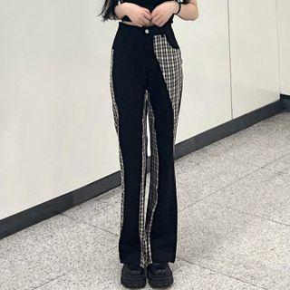 Plaid Panel Boot Cut Pants