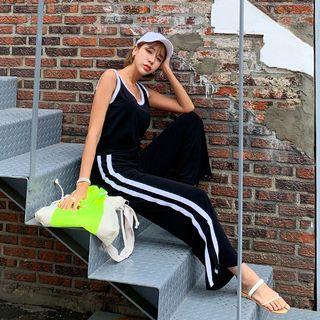 Set: Contrast-trim Tank Top + Wide-leg Sweatpants Black - One Size