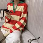 Polo-neck Striped Sweater As Shown In Figure - One Size
