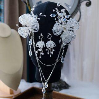 Set: Beaded Flower Headpiece + Drop Earring 3pcs - White - One Size
