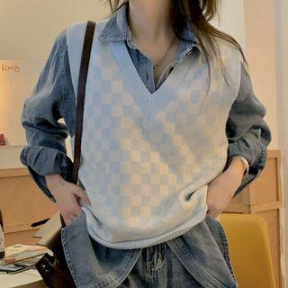 V-neck Checkerboard Knit Vest
