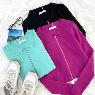 Long-sleeve Collar Plain Zip Top
