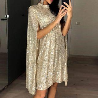 Cape-sleeve Glitter Party Dress