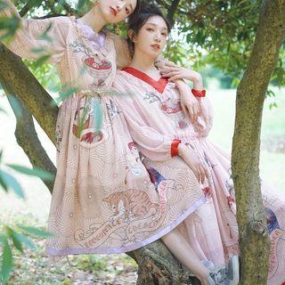 Long-sleeve Frill Trim Printed Midi A-line Dress