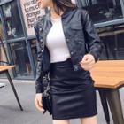 Set:plain Long-sleeve Leather Jacket + High-waist Leather Skirt