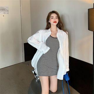 Long-sleeve Plain Shirt / Spaghetti Strap Striped Mini Sheath Dress