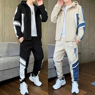 Set: Color Panel Hooded Zip-up Jacket + Jogger Pants