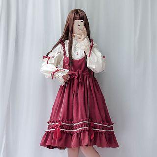Crochet Lace Headpiece / Long-sleeve Ruffled A-line Dress