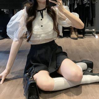Puff-sleeve Mesh Panel Blouse / Camisole / High Waist Shorts / Set