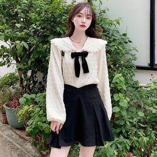 Bow Blouse / Pleated A-line Mini Skirt