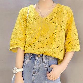 Elbow-sleeve V-neck Plain Top