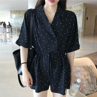 Elbow-sleeve Dotted Playsuit Black - One Size