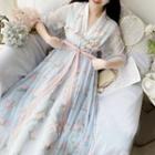 Elbow-sleeve Floral Print A-line Hanfu Dress