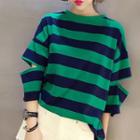 Elbow-sleeve Striped Cropped Top Green - One Size