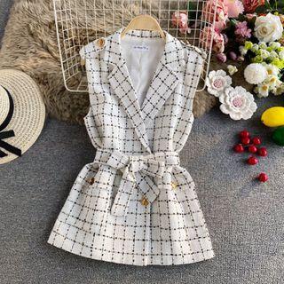 Tie-waist Check Tweed Vest White - One Size