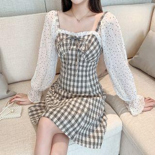 Dotted Long Sleeve Plaid A-line Dress