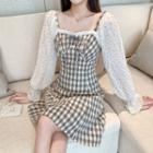 Dotted Long Sleeve Plaid A-line Dress