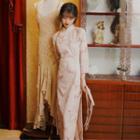 3/4-sleeve Crane Print Qipao Dress