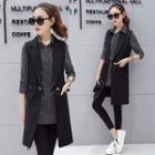 Set: 3/4-sleeve Pinstriped Blouse + Long Vest