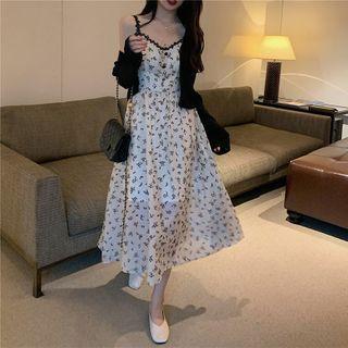 Spaghetti Strap Floral Print A-line Dress / Cropped Cardigan / Set