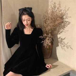 Long-sleeve Square-neck Velvet Mini A-line Dress