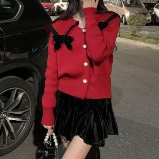 Wide-collar Bow-accent Cardigan / Mini A-line Skirt