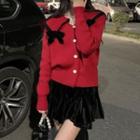 Wide-collar Bow-accent Cardigan / Mini A-line Skirt