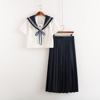 Set: Sailor Collar Top + Ribbon Bow Tie / Pleated Skirt