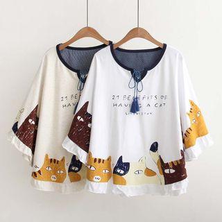 3/4-sleeve Cat-print T-shirt