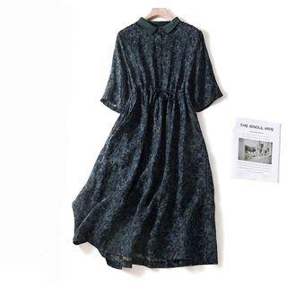 Polo-neck Floral Print A-line Dress