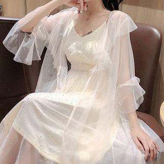 Set: Spaghetti Strap Mesh Paneled A-line Midi Dress + 3/4-sleeve Ruffled Light Jacket
