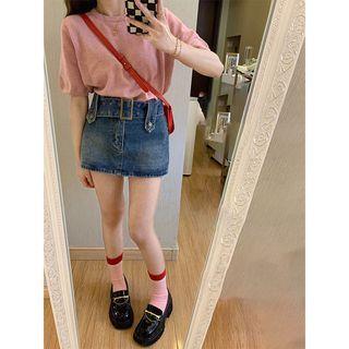 Short-sleeve Knit Top / Denim Mini Pencil Skirt / Set