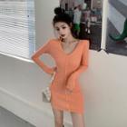 Long-sleeve Mini Sheath Dress Tangerine - One Size