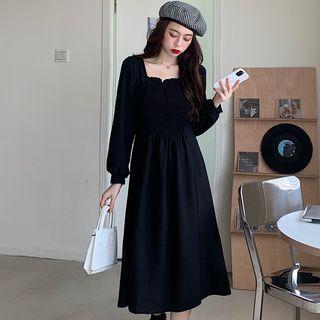 Puff-sleeve Plain Midi Dress Black - One Size