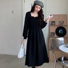 Puff-sleeve Plain Midi Dress Black - One Size