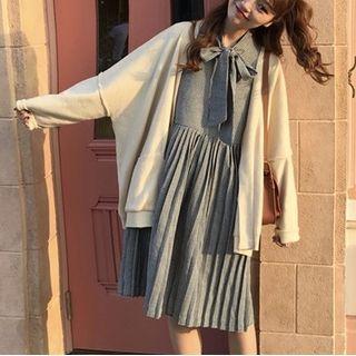 Set: Tie-neck Puff-sleeve Plaid A-line Dress + Cardigan