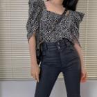 Square-neck Puff-sleeve Leopard Blouse