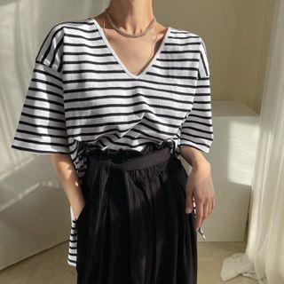 V Neck Pinstriped Over-sized Slit Short Sleeve T-shirt