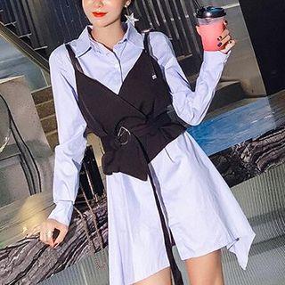 Set:plain Camisole Tank +collared Loose-fit Long-sleeve Blouse