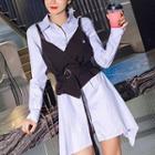 Set:plain Camisole Tank +collared Loose-fit Long-sleeve Blouse