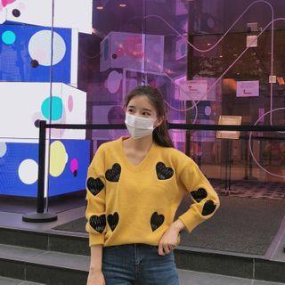 V-neck Heart-patched Sweater