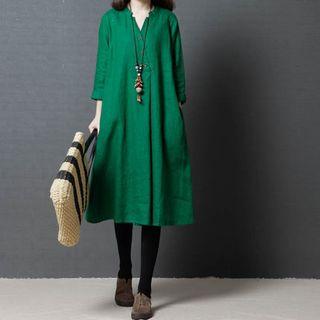 3/4-sleeve Midi Plain Dress
