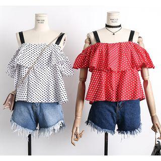 Off-shoulder Ruffled Dotted Top