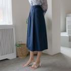 Pleated Button-detail Long Skirt
