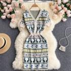 V-neck Single-breasted Print Knit Dress