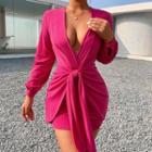 Long-sleeve V-neck Tie-waist A-line Mini Dress