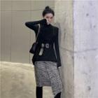 Cable-knit Vest / Turtleneck Knit Top / Asymmetric Hem Plaid Midi Skirt