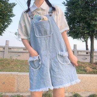 Frayed Trim Denim Wide-leg Jumper Shorts
