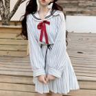 Long-sleeve Striped Blouse / Mini Pleated Striped Skirt