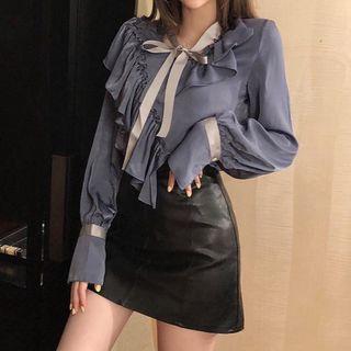 Ruffle-trim Blouse / Faux Leather Mini A-line Skirt
